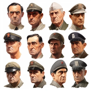a clipart gallery of the faces of german soldiers from world war 2, wehrmacht, stahlhelm, photo realistic, white background, grim and stern face, in the style of a caricature, oil painting, 3/4 angle