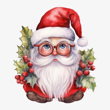 A watercolor painting of cute santa cute big eyes wear big glasses, santa Full body, have small leaf Berries Plant Isolate on top Hat, cute detailed digital art, whimsical and cute, cute detailed artwork, glimmering, adorable and whimsical, whimsical art, Clipart style, png style, svg style