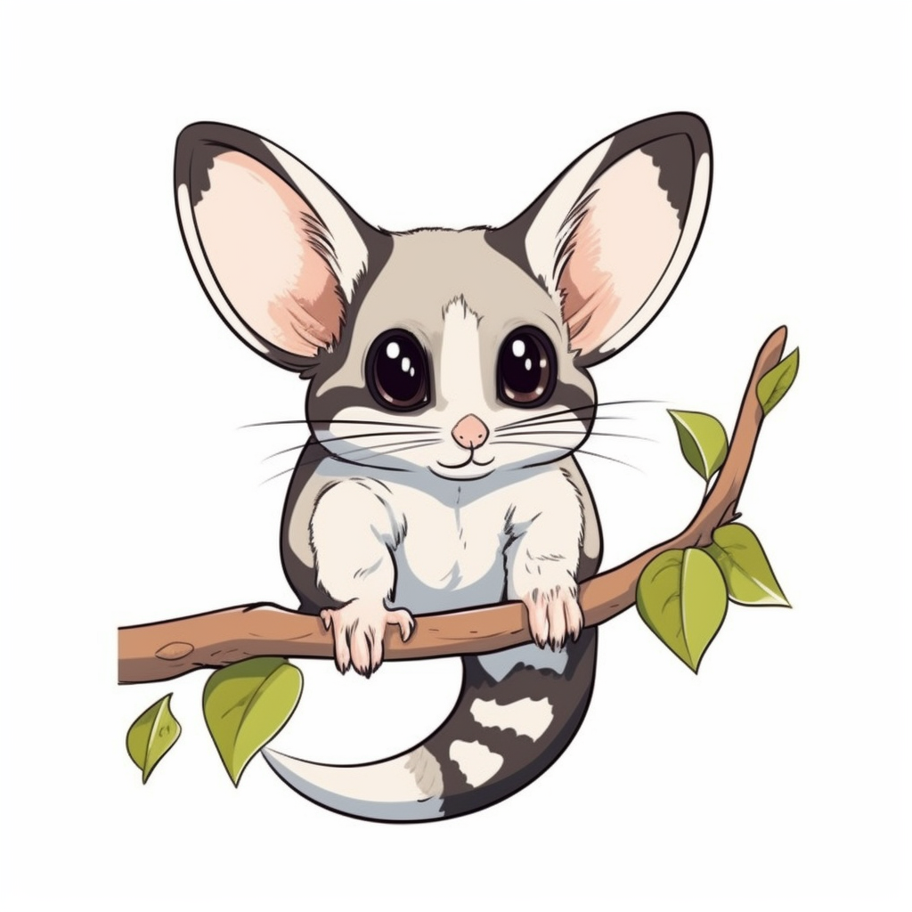 A clipart of a cute sugar glider hanging from a tree branch with its ...