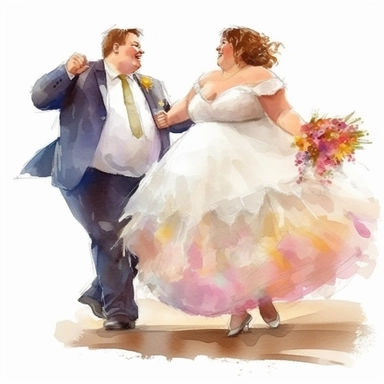 watercolor, drawing, illustration of the bride and groom, fat bride (overweight), bride short hair, laughing, wedding dance, holding a bouquet, flowers, clipart, high resolution image, detailed image, photorealistic, 3D, 4K