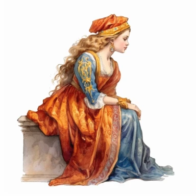 In this watercolor clipart, a somewhat side view of a medieval beautifully dressed young lady of high nobility takes center stage. Her elegant attire reflects her noble status, with intricate details and luxurious fabrics that drape gracefully around her figure. The vibrant colors of the watercolor bring the scene to life, capturing the essence of the medieval era. Adorned with fabulous jewelry, the young lady exudes opulence and refinement. Sparkling gemstones, delicate pearls, and intricately 