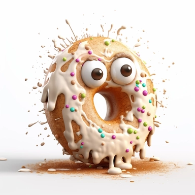 clipart of a messy female donut, there is a funny face in the female donut, cartoon, for kids, funny, pixar, cream filling, hole in the middle, 8k, white background, sharp focus, detailed,