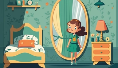 nature girl kids room with mirror and bed. no people in it. light background. clipart 2d cartoon style.