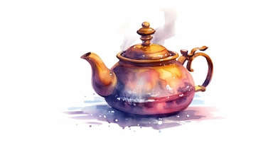 watercolor clipart of tea pot, hand drawn, 45 degree arc shot, on white background, 4k, spaced out