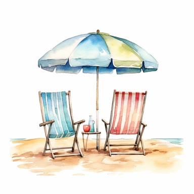 clip art ,umbrella and beach chairs Watercolor,no background