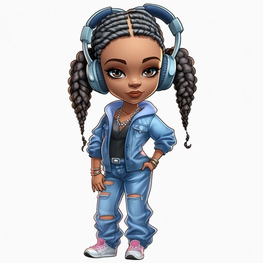hip hop girl, headphones, high heels, blue jeans, Coiled Bun, clipart, transparent, wearing jewelry, clip art, as a Inspired Chibi and Kawaii Style