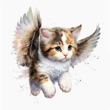 calico kitten with angel wings flying, cute, watercolor, white background, clipart