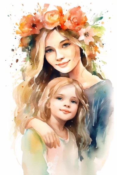 Easy cut out, dreamy watercolor smiling clipart mom and daughter 5 years old