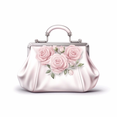 Isolated on a white background, in a feminine style that is populair on Etsy, simple white bridal bag with baby pink roses clasp, high resolution, highly detailed, watercolor clipart illustration, soft pastel color theme, baby pink, 8k UHD isolated image on white background, hyper - realistic high definition,