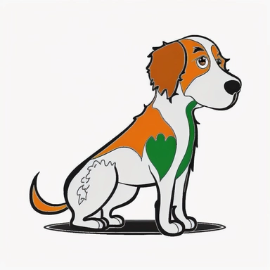 an alert dog with a stiff upper tail , cartoon style, simple vector clipart, white background, white orange green pink
