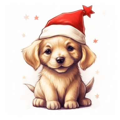 a small cute smiling puppy, wearing a Santa hat, color pencil sketch on a white background for clipart, small red and gold stars