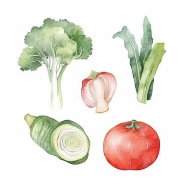 basic watercolor carrot, lettuce, tomato, bell pepper, garlic, onion in minimal hand drawn style, Etsy, textured, clipart, white background