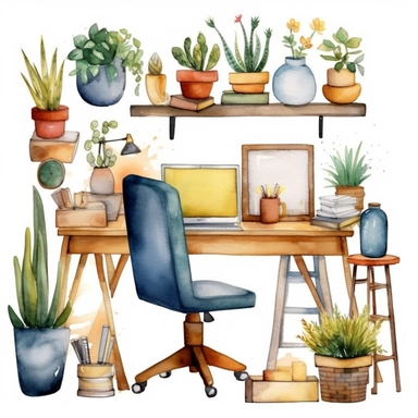 Generate a set of watercolor desk scenes clipart with a cute rustic floral theme for use in planners and workspaces. The clipart should be in PNG format and available for instant download. The scenes should depict cozy and inviting workspaces with elements such as a desk, chair, plants, and other decorative items. The watercolor style should be vibrant and artistic. The clipart should be suitable for commercial use. Please provide multiple variations and angles of the scenes for a diverse select