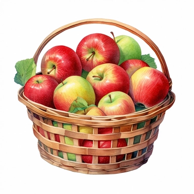 watercolor red and green apples in a basket clipart, white background, realistic with high details, beautifully colored with strong palette pastel colors, 32k hd, detailed quality
