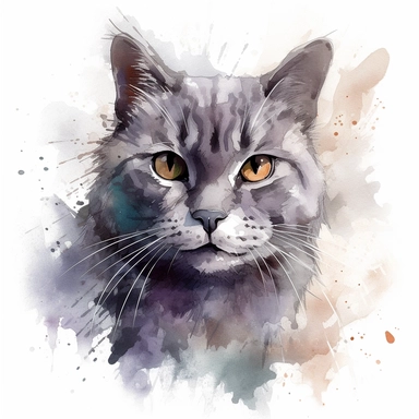 clipart of a gray cat, very adorable, watercolor grey, white background, splash of color, cat is smirking, high detail