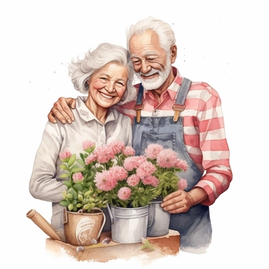 Capture a charming commercial moment with a beautifully detailed, ultra-realistic illustration of a lovables [old couple smiling] half hidden over a pot of nice flowers, backgroundof a nice and floral farm, creating an endearing scene ideal for nursery-style clipart and baby room décor. Isolated on a clean white background, this highly-detailed, award-winning artwork