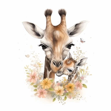 Cute floral illustration, realistic adorable baby Giraffe hugging his mom happy clipart, nursery style clipart, Nursery Animals Art, Kids Wall Art, Kids Room Decor, Baby Room Decor, isolated on white, ultra - detailed, high quality, ghibli style, award winning