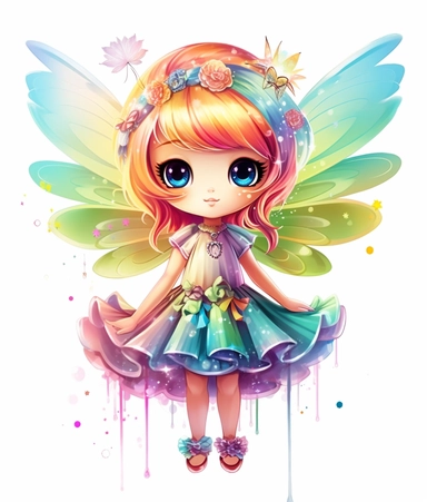 free clipart, so cute little fairy in a rainbow dress, in the style of whimsical and fantastical elements, shiny eyes, dark gold and pink, graffiti style, light turquoise and light yellow, transparent layers, flickr, pixar style, white background