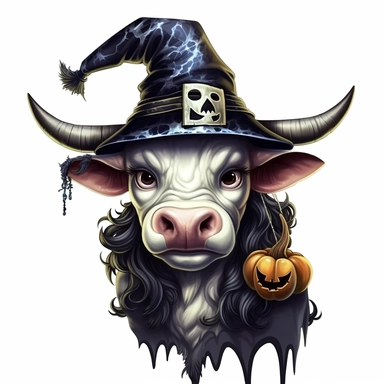halloween cow Sublimation Clipart, Cartoon, hyper realistic, intricate detail, illustration style, high solution, on the white background, oil paint