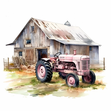 Farm Tractor , barn, farmhouse ,style by Lucy Fleming, watercolor, smooth gradients, black contour outline, ultra detailed, clipart elements, delicate pastel colors, solid white background, super clear, high quality