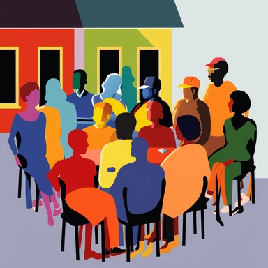 community neighbors at a symosium learning about each other in atlanta. each person is a different bright primary color in a clipart style.