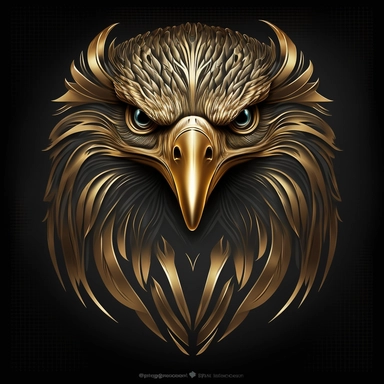 eagle head logo clipart, logo, hawk head, angry eyes, futuristic, wings, heraldic, logotype, clipart, golden, gold material, front, detailed, dark background, golden chrome, exiting
