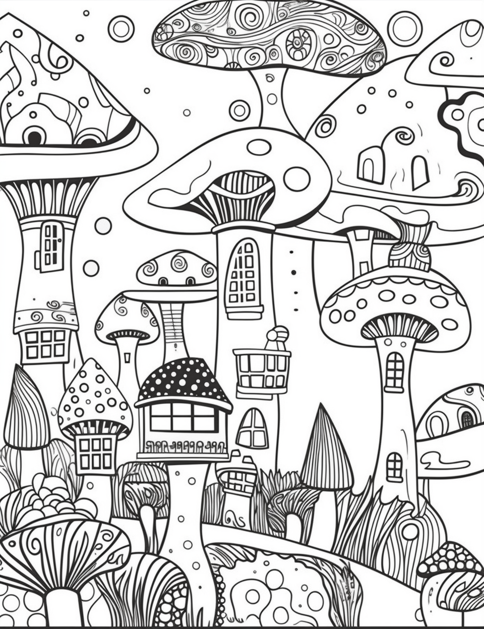 Design a full-page, black and white coloring page, with a white ...