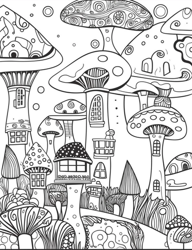 Design a full-page, black and white coloring page, with a white background, that captures the wonder of a mushroom city in the sky, using clipart-style, simple line art that's easy for children to color. Depict a variety of mushroom-shaped buildings in different shapes, sizes, and styles, creating an imaginative and visually appealing skyline.Incorporate elements such as mushroom skyscrapers, homes, and parks, all floating on fluffy clouds, to enhance the fantastical atmosphere. Add details like