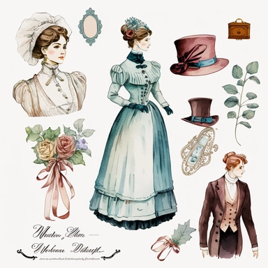 watercolor vintage boutique retro victorian fashion clipart, white background, spaced out, hd--v 5