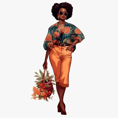 Ne beautiful african american women, afro, one flower in hair, clipart, fashion, full body, heels, pantss, skirts, , necklace, shirt, handbag, boss