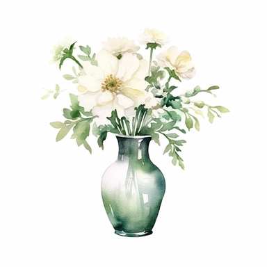 one Glass vase Flower white Watercolor clipart on a white background, in the style of digital gradient blend, dau al set, decorative borders, ue5, black background, kinuko y. craft, ephemera, no watermark, text, 300 DPI , typography, shapes do not stick together, no text in the picture, on a white background