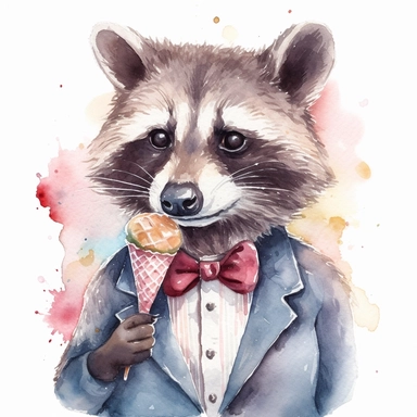 please create watercolor clipart of a raccoon smiling, wearing party BOW TIE AND EATING ICE CREAM, colorful, WHITE BACKGROUND