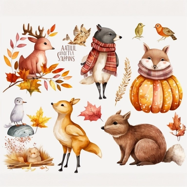 autumn animals, clipart, white background