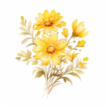 watercolor Sunshine Yellow floral line for decoration, style of Pierre-joseph redoute, png, clipart, hd, contour white outline, isolated on white background