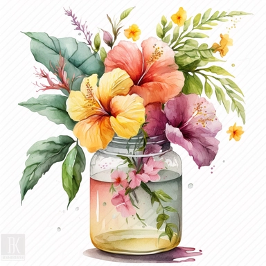 [4405854662] Watercolor clipart. A mesmerizing watercolor painting capturing the essence of a hibiscus bouquet, the blossoms arranged gracefully in a glass jar, their soft hues of pink, yellow, and orange creating a cheerful composition.. White background. No text. No caption. No logo
