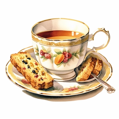 dried fruit and nuts Italian Biscotti with a victorian tea cup clipart, in the style of realistic watercolors, steve hillier, pictorial fabrics, feminine sensibilities, detailed illustrations, made of all of the above, margaret brundage, white background