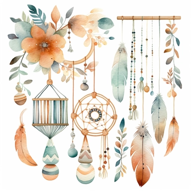 Create watercolor clipart of a boho baby mobile, featuring items such as geometric shapes, pom poms, and wooden beads. Use intricate patterns and muted colors to capture the playful yet understated boho vibe, white background