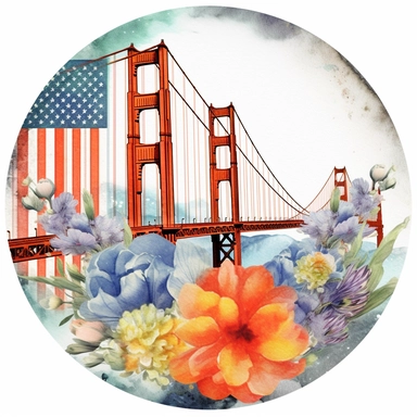 watercolor clipart of Golden Gate Bridge with florals crown, Independence Day, Watercolor Sublimation design, white background for removing background