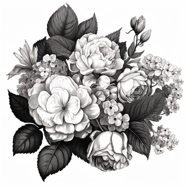 black and white clip art of hydrangeas and roses