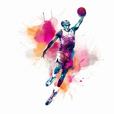 A dynamic and thrilling watercolor clipart of Michael Jordan in mid-air, executing a spectacular dunk with finesse and style. The artwork should feature bold and vivid colors that add to the energy and excitement of the piece, and be illuminated by bright and dynamic lighting that captures the intensity of the moment. Simple, vector illustration, clipart, white background.