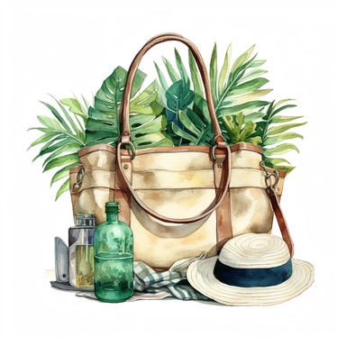 watercolor clipart of a stylish beach bag filled with essentials for a tropical getaway, brushstrokes, white background