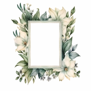 watercolor clipart of a empty suttle dainty floral rectangle frame surrounded by sage green color flowers and ivory color flowers. Capture the essence of blooming beauty and intricate details in your artwork, white background