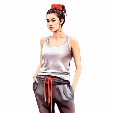 Gym girl wearing gym clothes and ready to workout, watercolor style, clipart solid white background