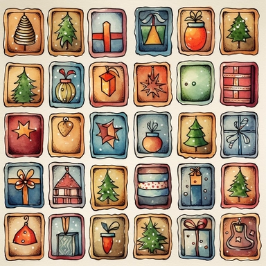 Watercolor line art, little squares filled with doodly patterns of  xmas ,ornaments and decorations , illustrations clipart set, simple, christmas colors , cartoon elements, different variants , stocking, bubble ornaments, xmas wreath, modern art, separate elements with a margin