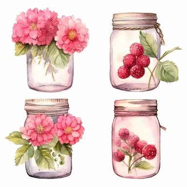 watercolor A clip art 4 set of images featuring a rustic flowers mason jar with raspberries on the side isolated white background, minimalist, 8K