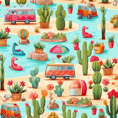 make a clip art seamless pattern of cactus' pineapples, the beach, a lake, wildflowers, watermelon, campers, sunshines, hd