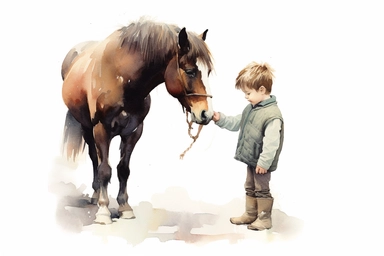 realistic watercolor drawing of a boy hand feeding a pony on a charming farm, on a white background where the background will be removed to repurpose as a clipart, vibrant color watercolors, love, realistic watercolor painting style