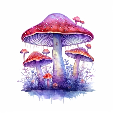 watercolor clipart, incredibly ornate magical mushrooms fairyland, isolated white background, 8k, beautiful colors vibrant, dreamy, elaborate cottagecore detailed fairy stars sparkles starry mushroom