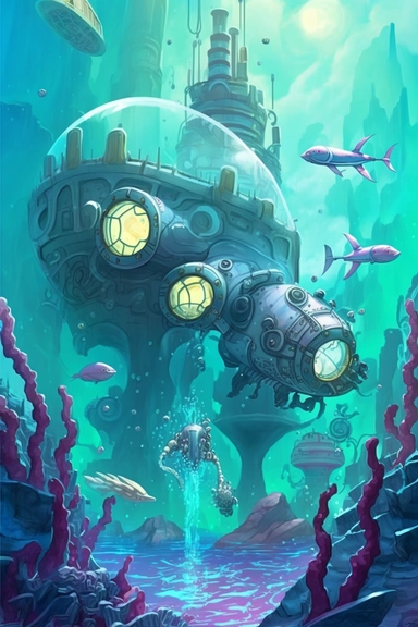underwater world, city under water, technology, flying ships, atlantis, robots, aliens, background,book illustration style, by Digital-Vector-Illustration Jordan-Grimmer-Concept-Painting, watercolor clipart, hyperdetailed painting, beautiful scene, cartoon, flat colors, 50mm, f1.4