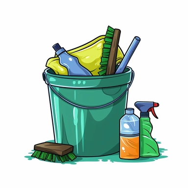 In clipart style with a white background, A green plastic bucket containg various cleaning supplies including, a rag, a spray bottle and a brush